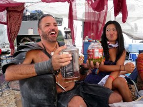 Don discovering picklebacks (whiskey + pickle juice) (Burning Man 2014)